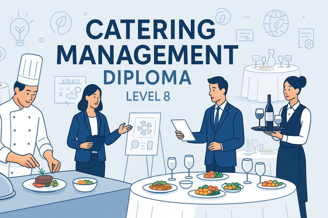 Professional catering setup with chefs and event planners, representing catering management diploma level 8.