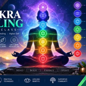 Illustration of chakra healing showing seven energy centers in balance with light and color flow.