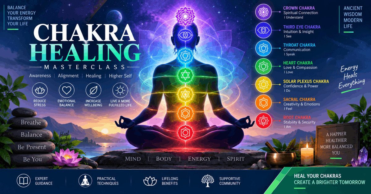 Illustration of chakra healing showing seven energy centers in balance with light and color flow.