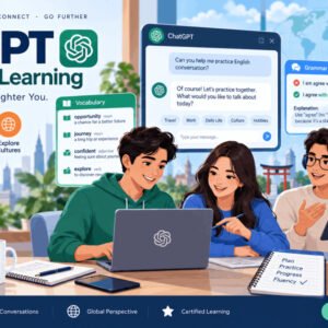 Illustration of students using ChatGPT for language learning, vocabulary, grammar, and conversation practice.