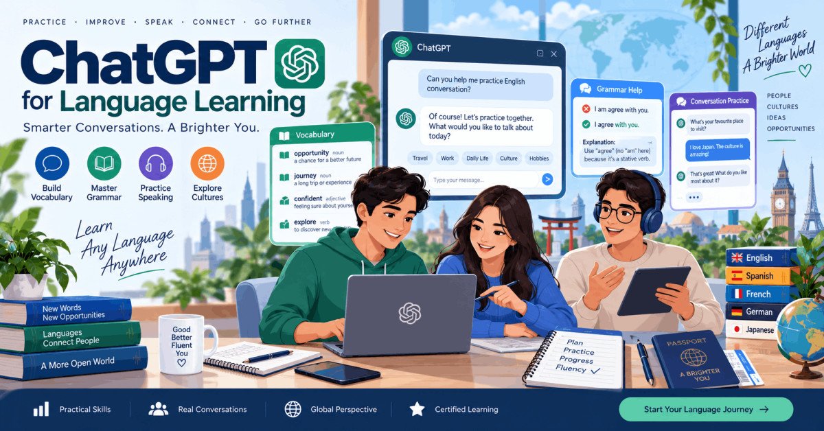 Illustration of students using ChatGPT for language learning, vocabulary, grammar, and conversation practice.