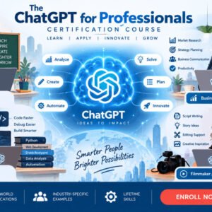 Illustration of ChatGPT mastery training across industries with AI workflows and coding examples.