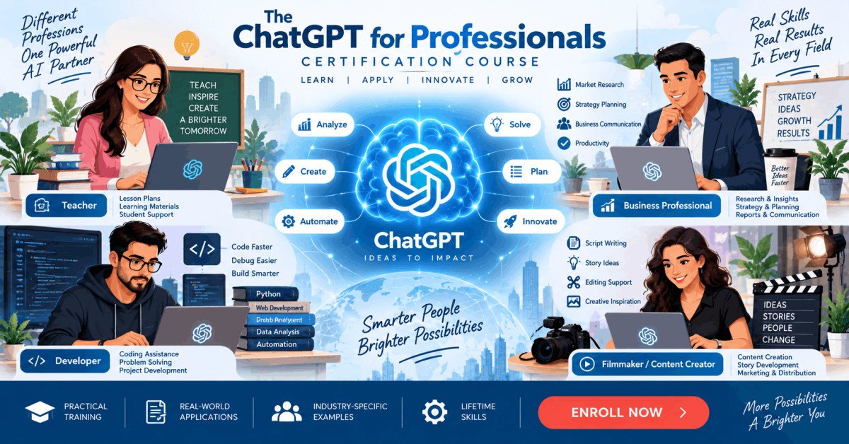 Illustration of ChatGPT mastery training across industries with AI workflows and coding examples.
