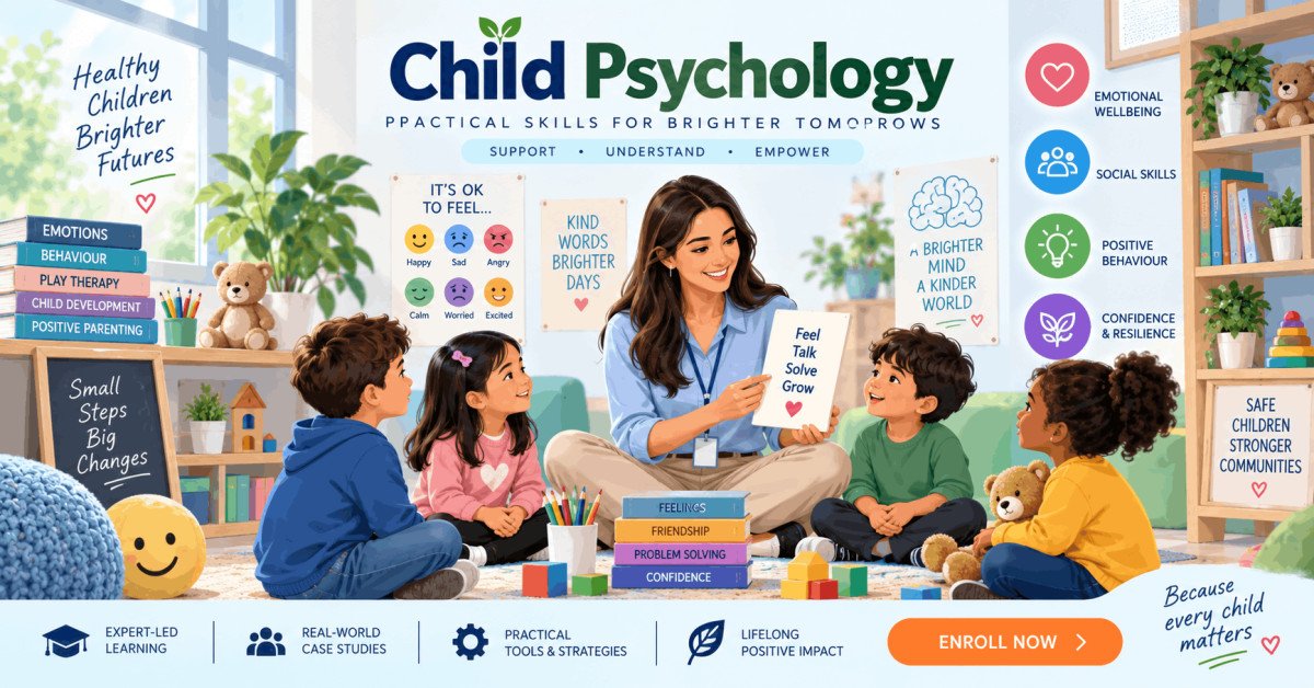 Child psychology certification course showing children learning and therapist guiding them