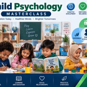 Child psychology course illustration showing child development, relationships, and learning environment