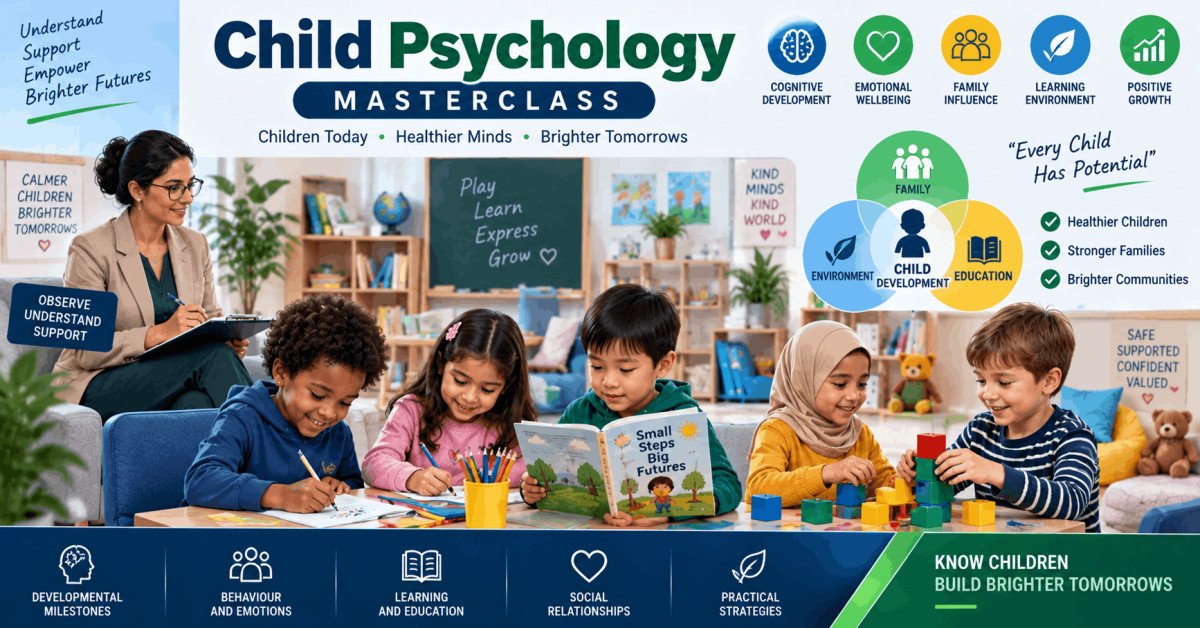Child psychology course illustration showing child development, relationships, and learning environment