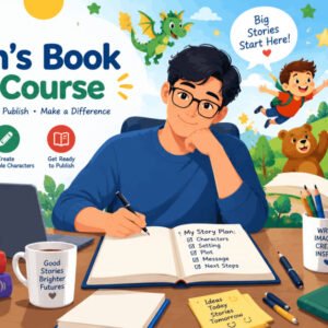 Illustration of children’s book writing course with books, child characters, and storytelling elements.