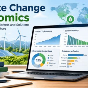 Climate change economics course showing data analytics of emissions, energy, and policy trends with charts and graphs.