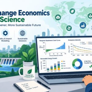Illustration of climate change economics with data science tools, graphs, and global energy visuals.