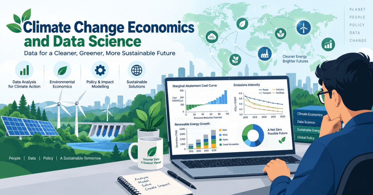 Illustration of climate change economics with data science tools, graphs, and global energy visuals.
