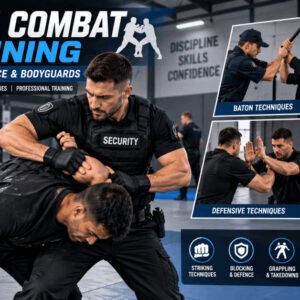 Security professional learning close combat training with baton and defensive techniques.