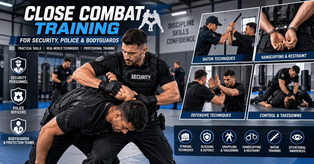 Security professional learning close combat training with baton and defensive techniques.