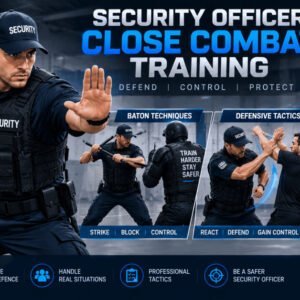 Security officer practicing close combat training and defensive tactics with baton and handcuffs.