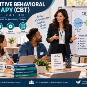Students learning cognitive behavioral therapy certification techniques in a professional classroom setting.