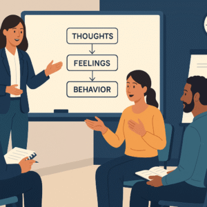 Students learning cognitive behavioral therapy certification techniques in a professional classroom setting.