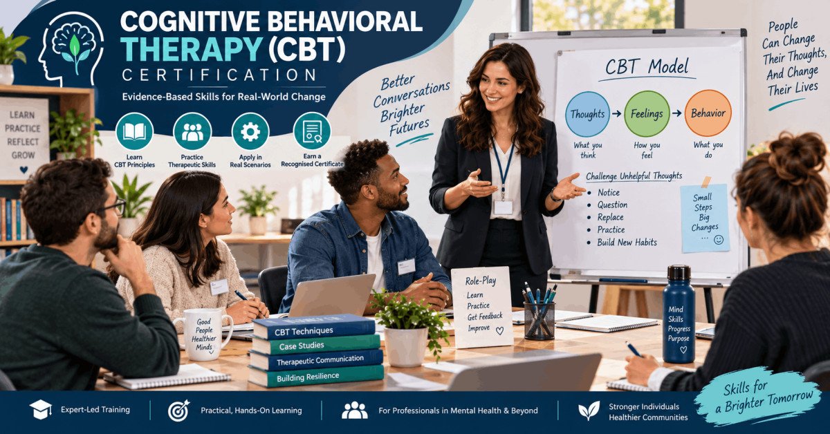 Students learning cognitive behavioral therapy certification techniques in a professional classroom setting.