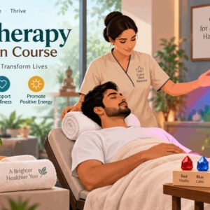 Illustration showing color therapy session with light spectrum and wellness setting for color therapy certification course