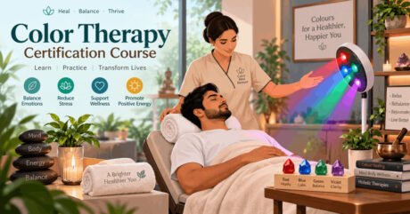 Illustration showing color therapy session with light spectrum and wellness setting for color therapy certification course