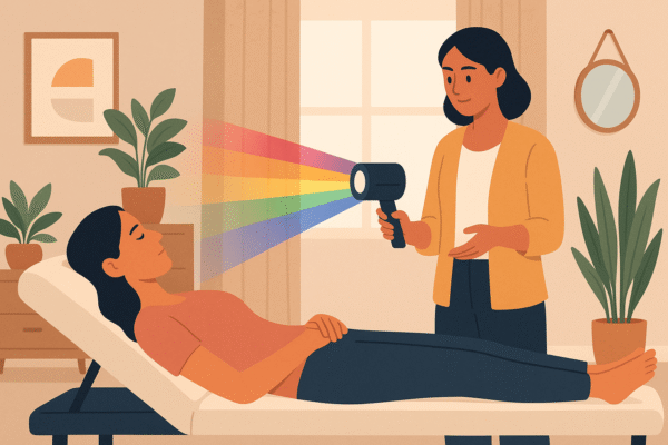 Illustration showing color therapy session with light spectrum and wellness setting for color therapy certification course