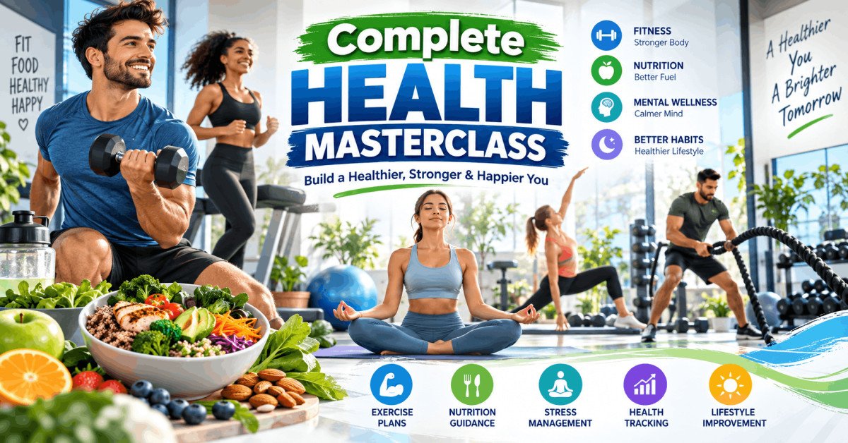 Complete health masterclass with diet, exercise, and motivation strategies for lasting results in a modern wellness setting.