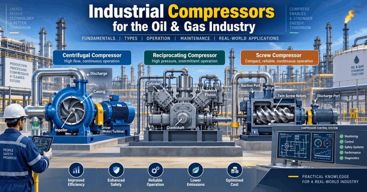 Illustration of compressors in oil and gas showing types, principles, and applications in operation and maintenance.