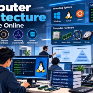 Computer architecture course with OS, Linux, hardware, and networking fundamentals illustrated in a digital classroom.