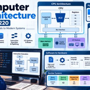 Students learning computer architecture course RAHEE220 with CPU, memory, and instruction set diagrams.
