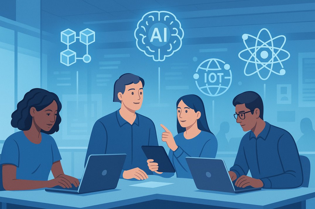 Illustration of students studying advanced computer science with modern tech elements.