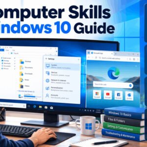 Illustration of computer skills Windows 10 guide with user interface, apps, and troubleshooting tips
