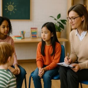 Student learning counselling children and adolescents techniques in a training session.