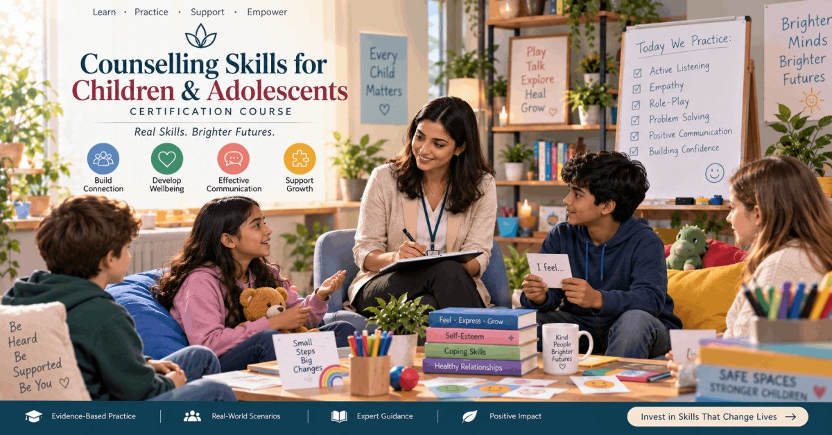 Student learning counselling children and adolescents techniques in a training session.