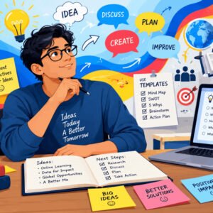 Creative idea generation course illustration with student brainstorming and inspiration tools.