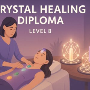 Professional illustration of crystal healing diploma Level 8 with crystals, chakras, and healing session visuals.