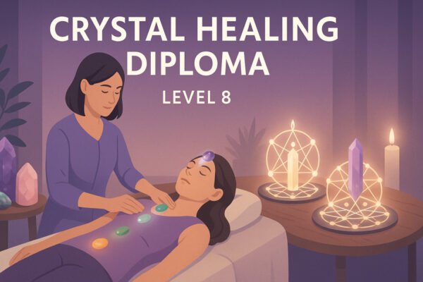 Professional illustration of crystal healing diploma Level 8 with crystals, chakras, and healing session visuals.