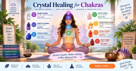 Illustration of crystal healing for chakras with aligned stones and glowing energy points.