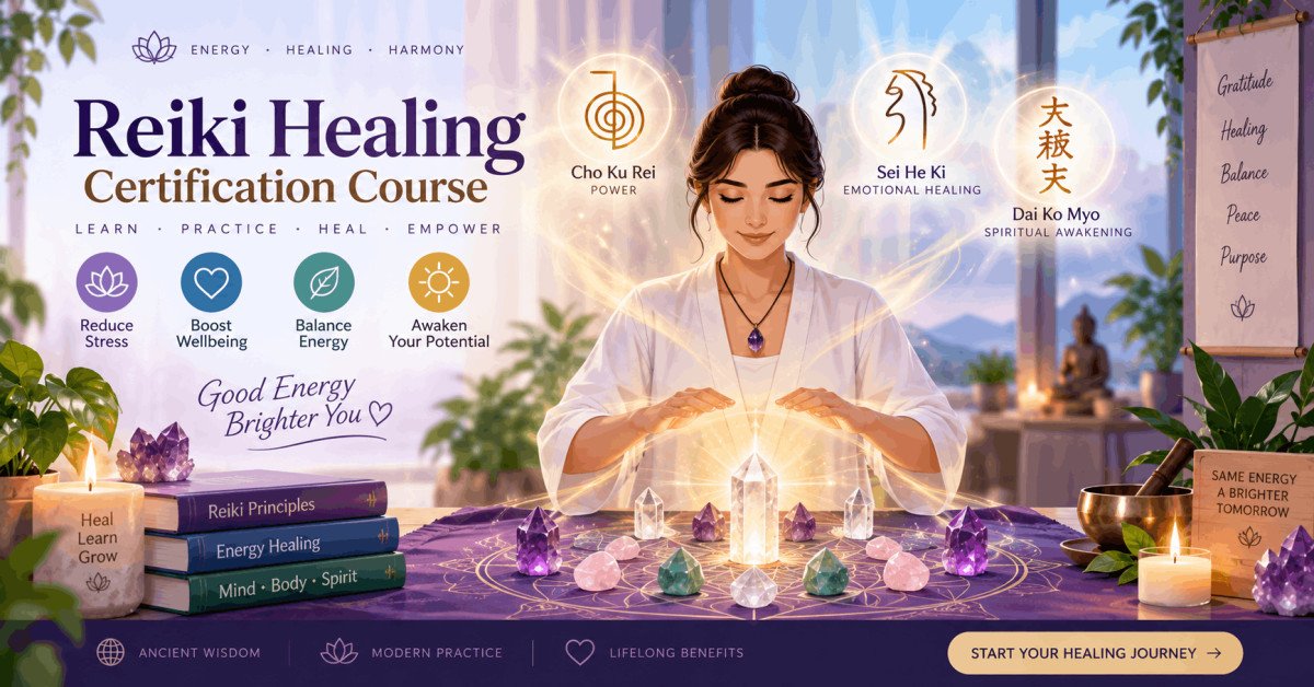 Crystal Reiki Certification image showing crystals with Reiki energy flow for holistic healing practice.