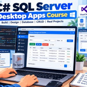 Student coding Windows desktop apps with C# and SQL Server, designing UI and managing databases.