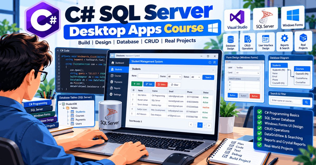 Student coding Windows desktop apps with C# and SQL Server, designing UI and managing databases.