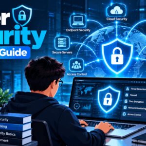 Cyber security beginners course illustration showing laptop, lock, and digital shield icons