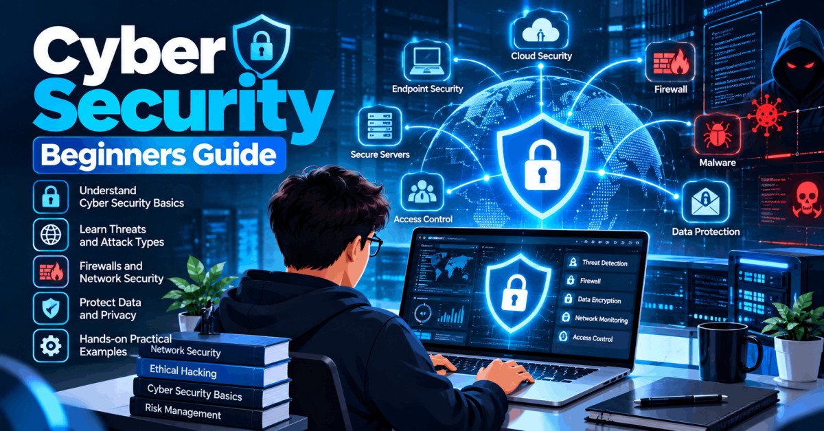 Cyber security beginners course illustration showing laptop, lock, and digital shield icons
