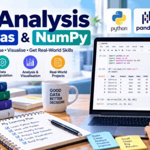Student analyzing datasets in Python with Pandas and NumPy for practical data analysis techniques.