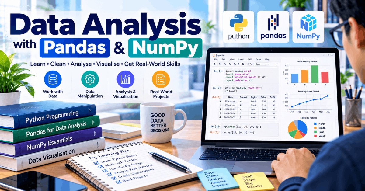 Student analyzing datasets in Python with Pandas and NumPy for practical data analysis techniques.