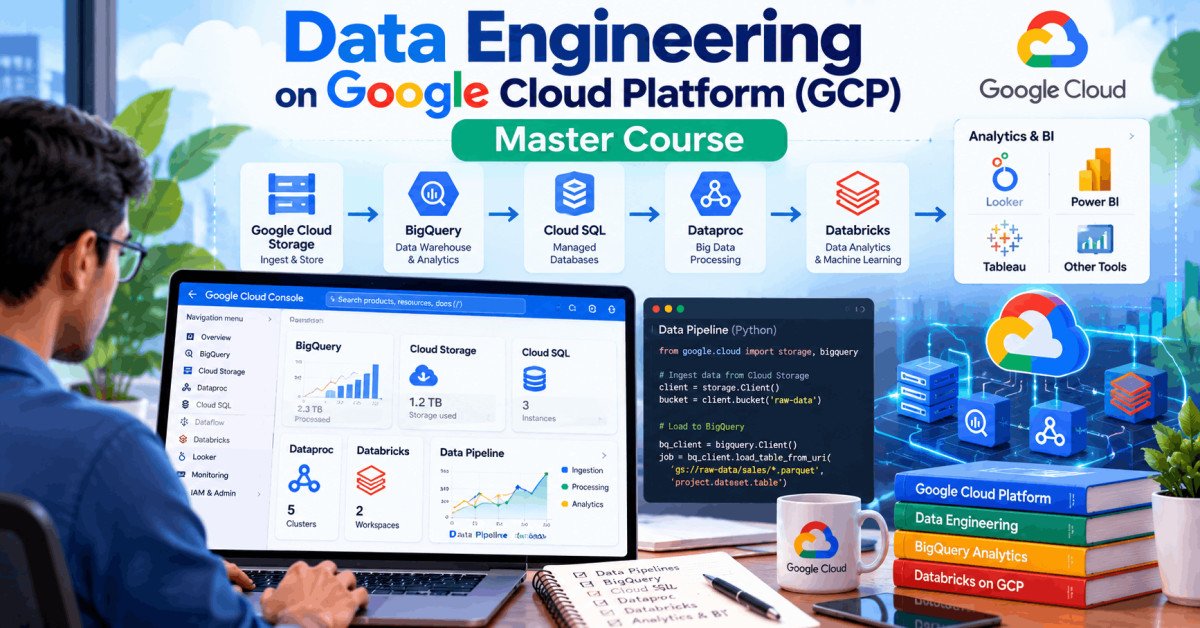 Data engineering on GCP showing cloud storage, SQL databases, and analytics pipelines.