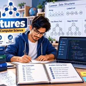 Student learning data structures course with arrays, stacks, queues, trees, heaps, graphs, and hashing concepts.