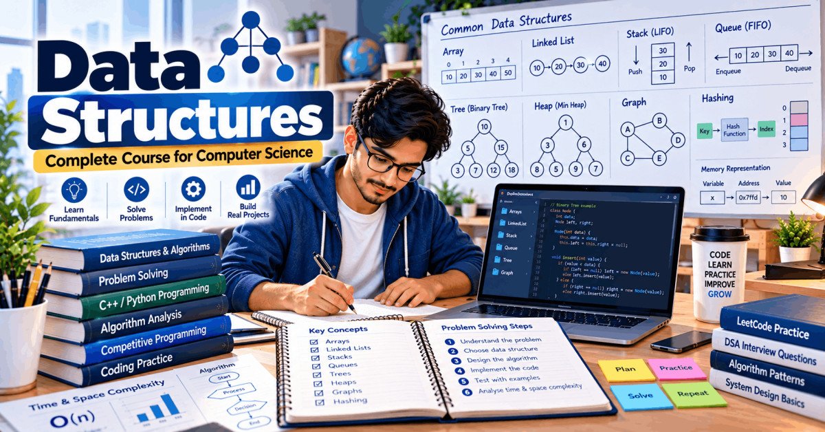 Student learning data structures course with arrays, stacks, queues, trees, heaps, graphs, and hashing concepts.