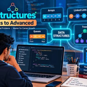 Data structures course covering arrays, linked lists, trees, graphs, and hashing from basics to advanced