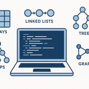 Illustration of data structures course showing arrays, trees, heaps, and graphs from basics to advanced level