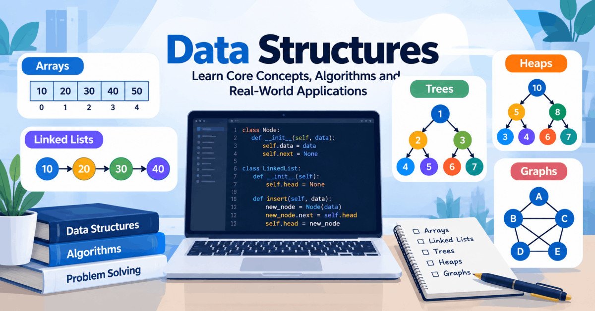 Illustration of data structures course showing arrays, trees, heaps, and graphs from basics to advanced level