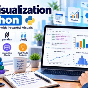 Student learning data visualization in Python with Matplotlib, Seaborn, Pandas, and Plotly charts on screen.