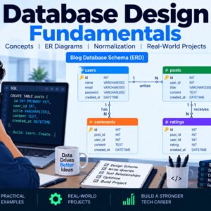 Database design fundamentals course showing blog schema ERD diagram with tables, relationships, and normalization concepts.